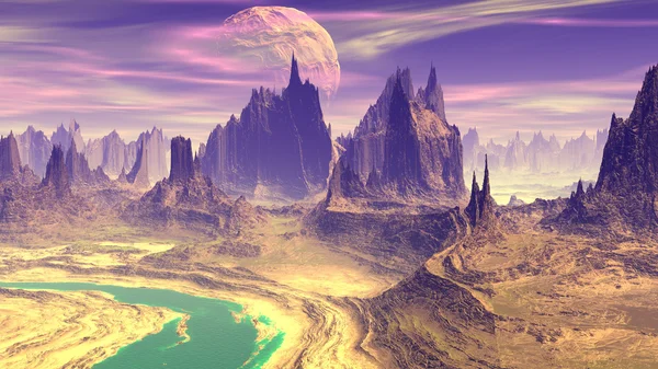 Fantasía planeta alienígena. Montaña y lago. Renderizado 3D — Foto de Stock