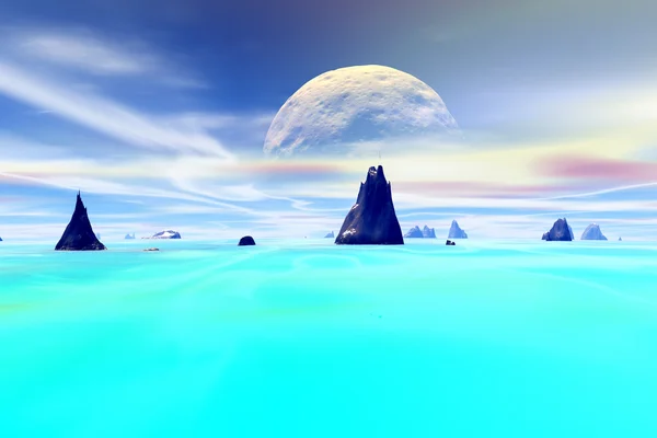 Fantasia planeta alienígena. Montanha e lago. Renderização 3D — Fotografia de Stock