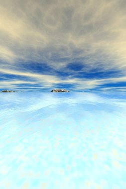 Fantezi uzaylı gezegenine. Dağ ve göl. 3D render