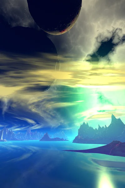 Fantasy pianeta alieno. Montagna e lago. Rendering 3D — Foto Stock