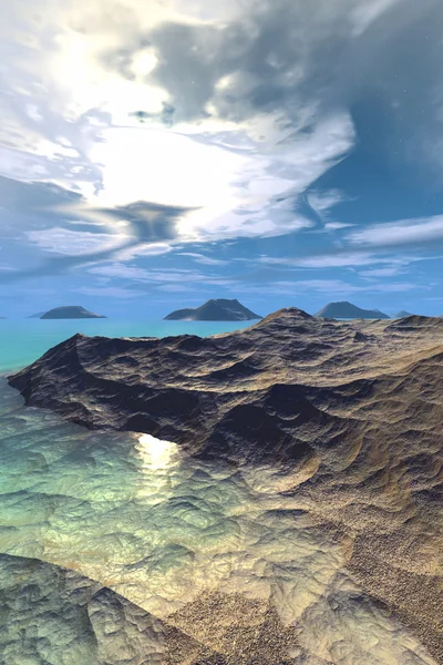 판타지 외계 행성입니다. 산 그리고 호수입니다. 3 차원 렌더링 — 스톡 사진