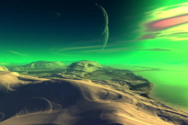 Fantasía planeta alienígena. Montaña y lago. Renderizado 3D — Foto de Stock