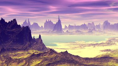 Fantezi uzaylı gezegenine. Dağ ve göl. 3D render