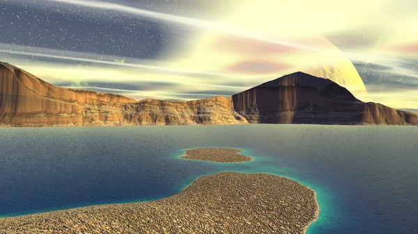 Εξωγήινο πλανήτη φαντασίας. Θέα στο βουνό και στη λίμνη. 3D rendering — Φωτογραφία Αρχείου