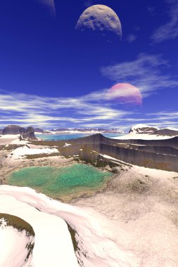 Fantezi uzaylı gezegenine. Dağ ve göl. 3D render