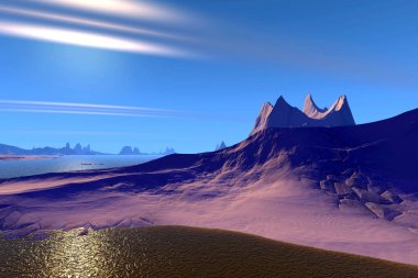 Fantezi uzaylı gezegeni. Dağ ve göl. 3B illüstrasyon