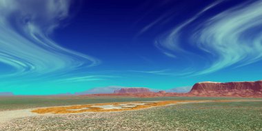 Fantezi uzaylı gezegeni. Dağ ve göl. 3B illüstrasyon