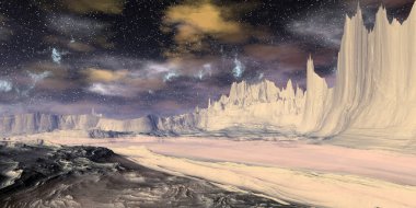 Fantezi uzaylı gezegeni. Dağ ve göl. 3B illüstrasyon