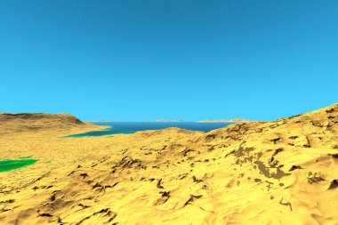 Fantezi uzaylı gezegeni. Dağ ve göl. 3B illüstrasyon