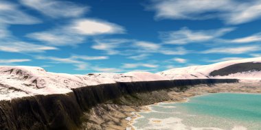 Fantezi uzaylı gezegeni. Dağ ve göl. 3B illüstrasyon