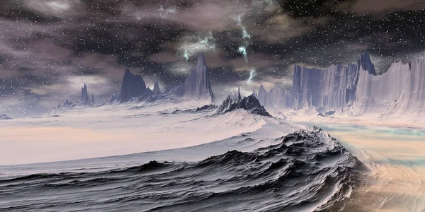 Фантазия Инопланетной Планеты Гора Озеро Иллюстрация — стоковое фото