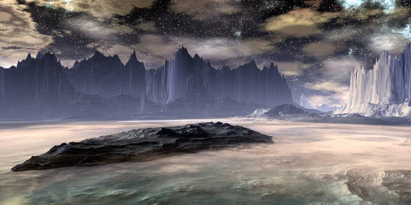 幻想的外星星球山和湖 3D插图 — 图库照片
