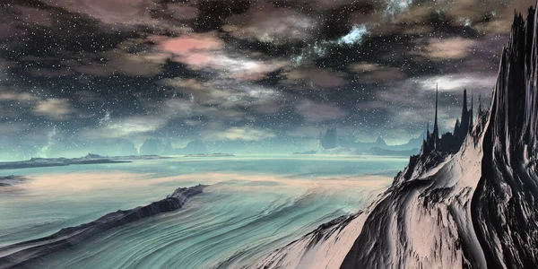Fantasy Alien Planet Berg Und See Illustration — Stockfoto