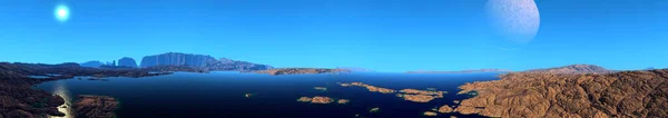 Планета Пришельцев Гора Озеро Панорама Рендеринг — стоковое фото