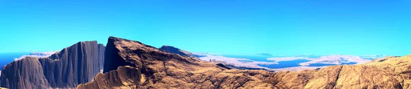 Фантазия Инопланетной Планеты Гора Озеро Панорама Иллюстрация — стоковое фото