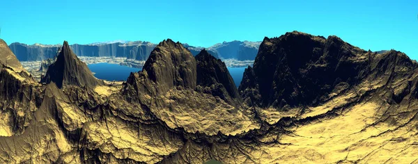 Uzaylı Gezegeni Dağ Göl Panorama Görüntüleme — Stok fotoğraf