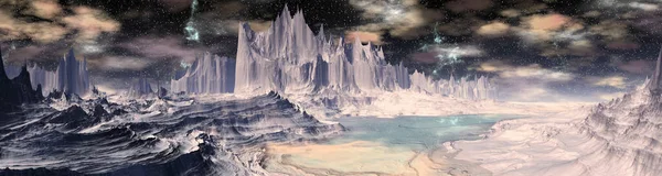 Fantasy Främmande Planet Berg Och Sjö Panorama Illustration — Stockfoto