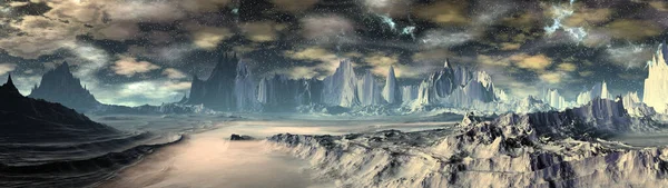 ファンタジーエイリアン惑星 山と湖 パノラマ 3Dイラスト — ストック写真