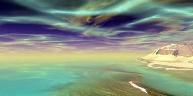 Fantezi uzaylı gezegeni. Dağ ve göl. 3B illüstrasyon