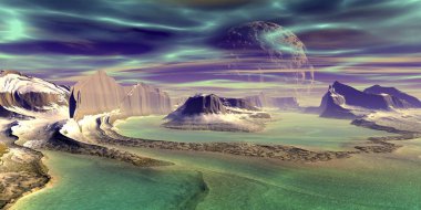 Fantezi uzaylı gezegeni. Dağ ve göl. 3B illüstrasyon