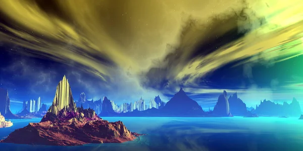 Фантазія Інопланетної Планети Гора Озеро Ілюстрація — стокове фото