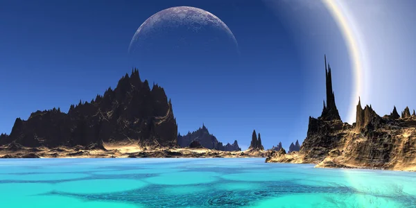 Fantasia Planeta Alienígena Montanha Lago Ilustração — Fotografia de Stock