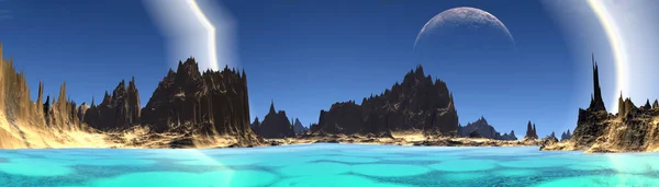 ファンタジーエイリアン惑星 山と湖 パノラマ 3Dイラスト — ストック写真