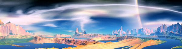 Fantasy alien planet. Mountain and lake. Panorama. 3D illustration