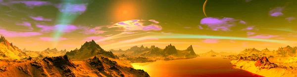 Fantasía Planeta Alienígena Montaña Lago Panorama Ilustración — Foto de Stock