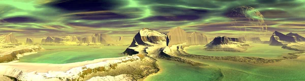 Fantasy alien planet. Mountain and lake. Panorama. 3D illustration