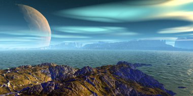 Fantezi uzaylı gezegeni. Dağ ve göl. 3B illüstrasyon