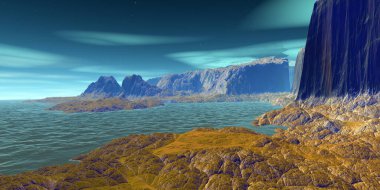 Fantezi uzaylı gezegeni. Dağ ve göl. 3B illüstrasyon