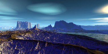 Fantezi uzaylı gezegeni. Dağ ve göl. 3B illüstrasyon