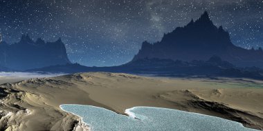 Fantezi uzaylı gezegeni. Dağ ve göl. 3B illüstrasyon