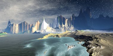 Fantezi uzaylı gezegeni. Dağ ve göl. 3B illüstrasyon