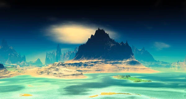 Fantasy Buitenaardse Planeet Berg Meer Illustratie — Stockfoto