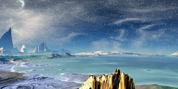 Εξωγήινος Πλανήτης Φαντασίας Βουνό Και Λίμνη Απεικόνιση — Φωτογραφία Αρχείου