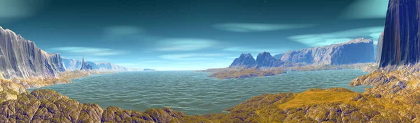 Fantasy Alien Planet Berg Und See Panorama Illustration — Stockfoto