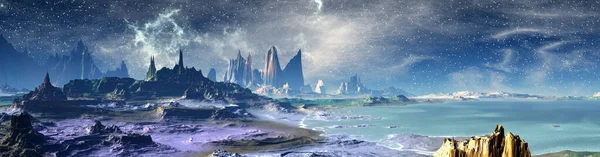 Fantasy Främmande Planet Berg Och Sjö Panorama Illustration — Stockfoto