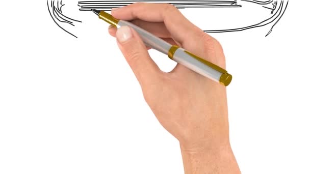 这支钢笔勾画出了这幅画的轮廓 涂鸦视频或白板动画 包中不同尺寸的多色钩子 — 图库视频影像