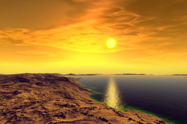 Fantezi uzaylı gezegeni. Dağ ve göl. 3B illüstrasyon