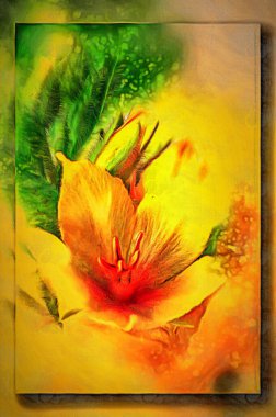 Tuval üzerine yağlı boya. Fotoğraflı resim, resmin taklidi. Lysimachia noktasını kapatın. Bokeh, bulanık. Görüntü