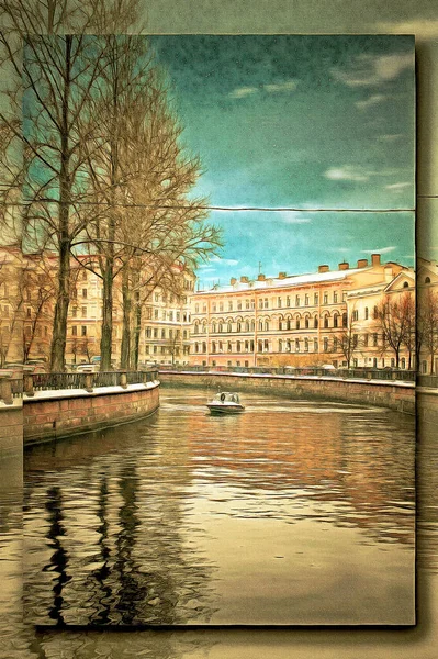Oil Paint Canvas Picture Photo Imitation Painting Illustration Cityscape Saint — Stock Photo, Image