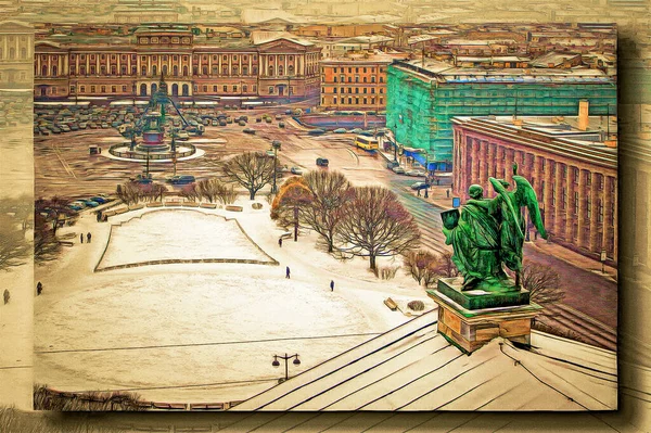 Farba Olejna Płótnie Obraz Zdjęciem Imitacja Malarstwa Ilustracja Widok Śnieżnego — Zdjęcie stockowe