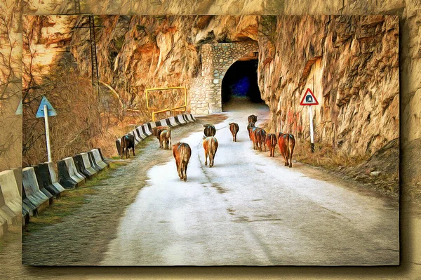 帆布上的油画 图片与照片 模仿绘画 奶牛沿着大路向隧道走去 — 图库照片