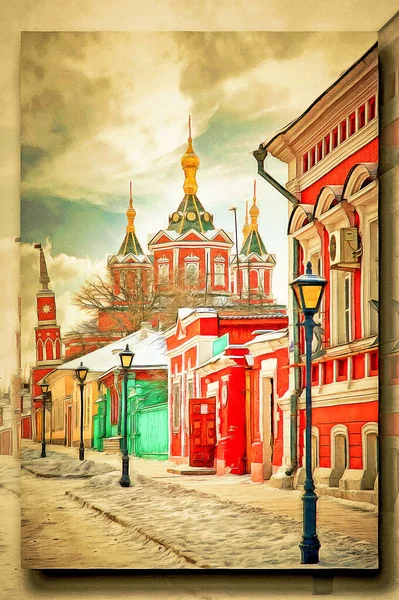 キャンバス上の油絵具 写真付きの画像 絵画の模倣 イラスト 古代の街は古代都市です 冬景色 — ストック写真