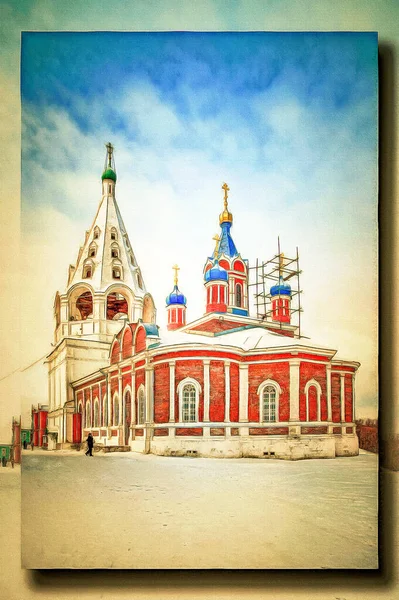 帆布上的油画 图片与照片 模仿绘画 科洛姆纳市克里姆林宫境内的东正教古寺 — 图库照片