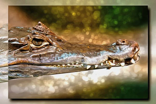 Oil paint on canvas. Picture with photo, imitation of painting. Illustration. Head of a floating alligator close-up