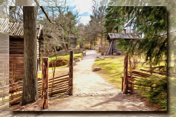 帆布上的油画 图片与照片 模仿绘画 这座古建筑坐落在山坡上 芬兰村庄 瑞典斯德哥尔摩 — 图库照片