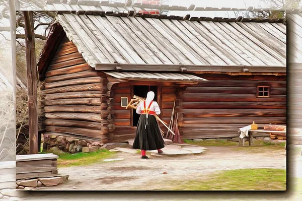 Olejomalba Plátně Obrázek Fotkou Imitace Obrazu Ilustrace Žena Bere Ekonomickou — Stock fotografie